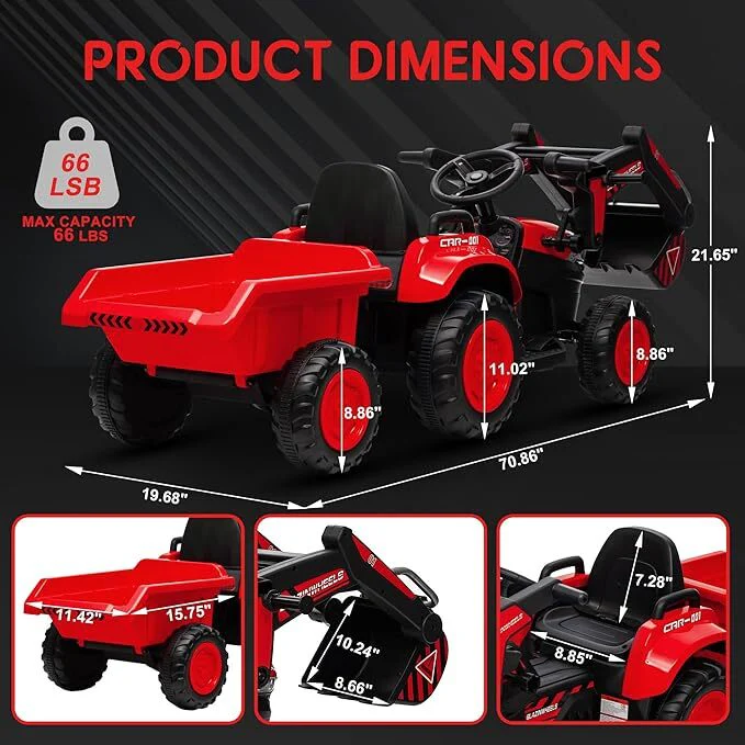 12V Kids Ride-On Excavator and Tractor with Remote Control, Digger, and LED Lights - Image 5