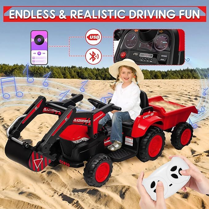 12V Kids Ride-On Excavator and Tractor with Remote Control, Digger, and LED Lights - Image 7