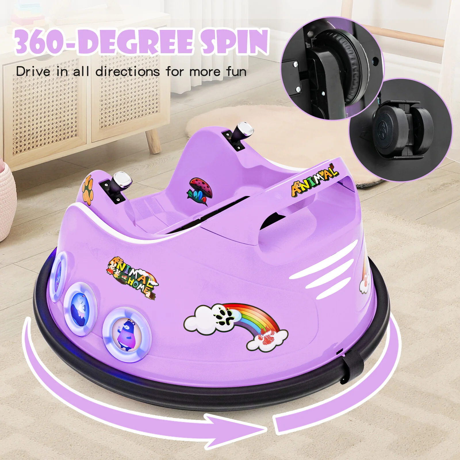 12V Kids Ride-On Bumper Car with Remote Control, Flashing LED Lights, and Music – Purple - Image 5