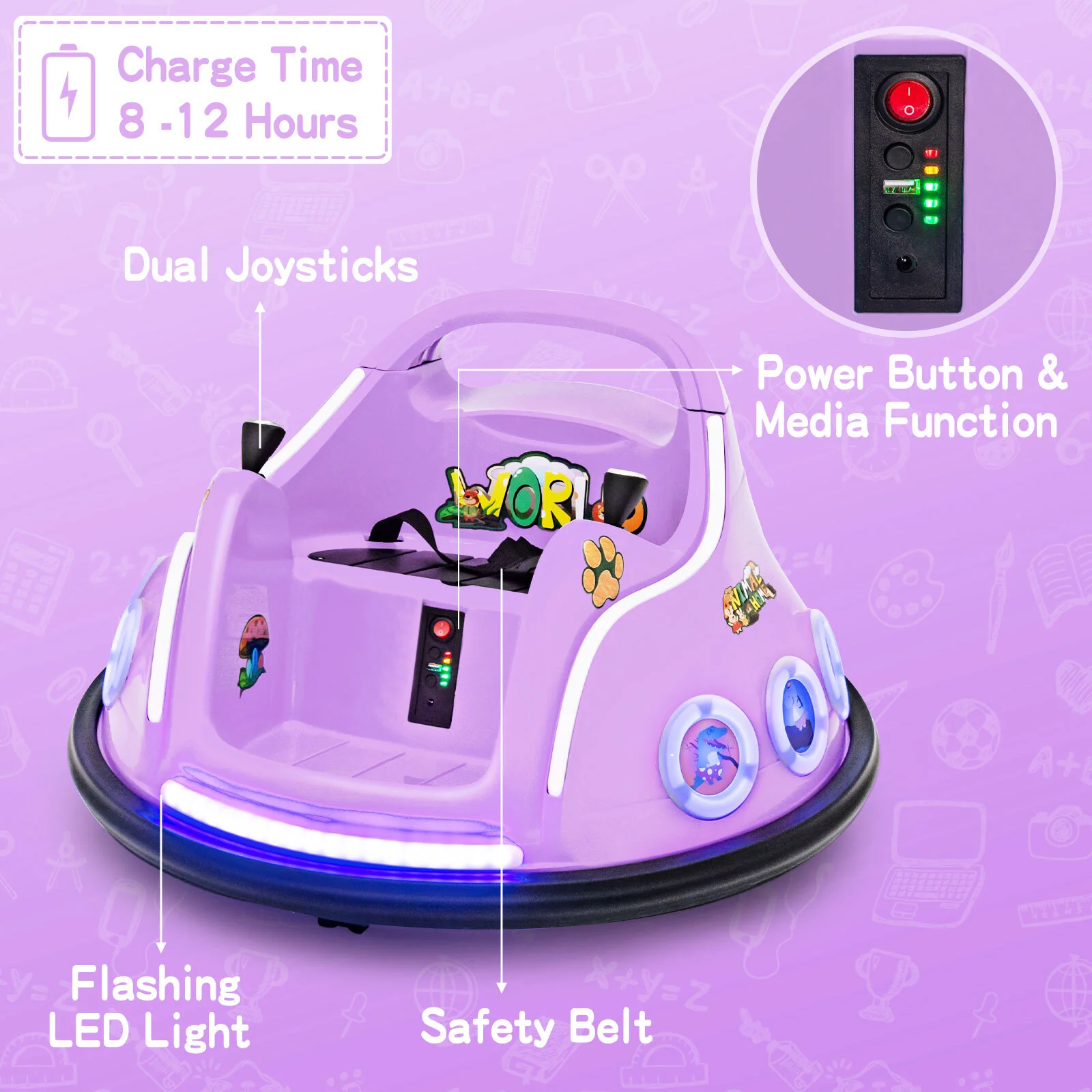 12V Kids Ride-On Bumper Car with Remote Control, Flashing LED Lights, and Music – Purple - Image 8