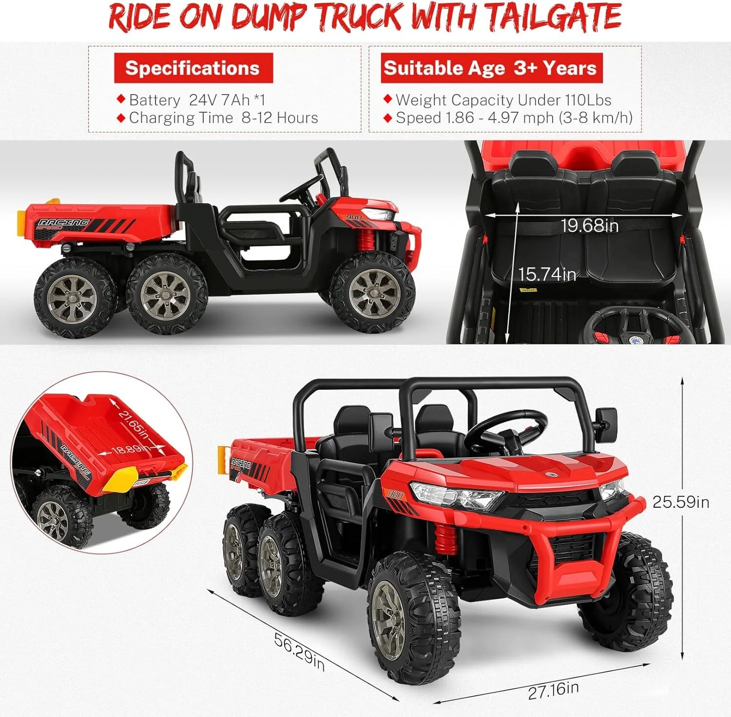 24V Kids Ride-On UTV Truck with Remote Control, 2 Seats, Dump Bed, 6 Wheels, Red - Image 6