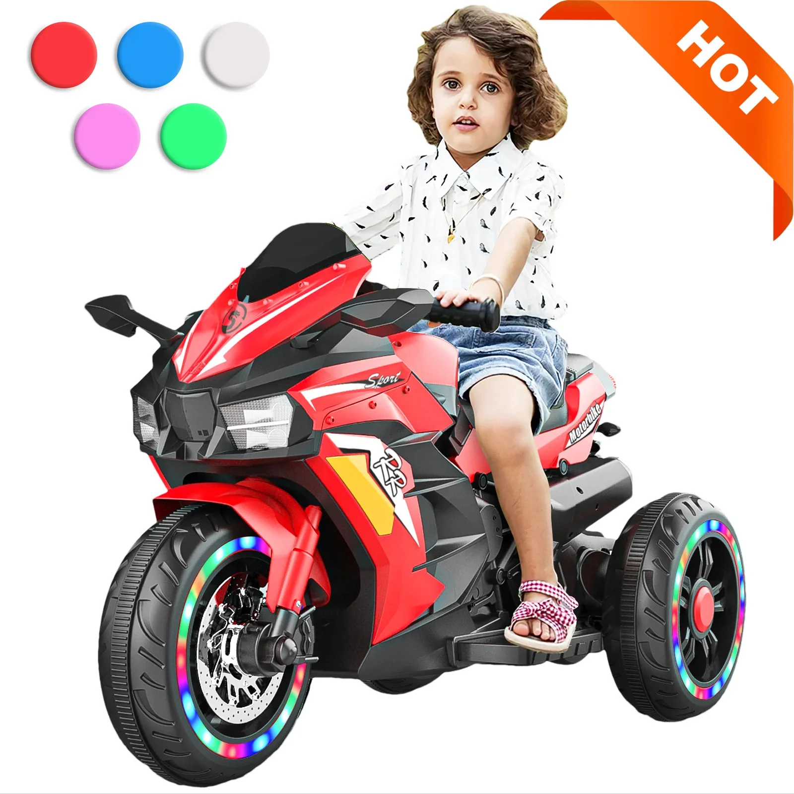 12V Red Kids Electric Ride-On Motorcycle with 3 Wheels and LED Lights - Image 10