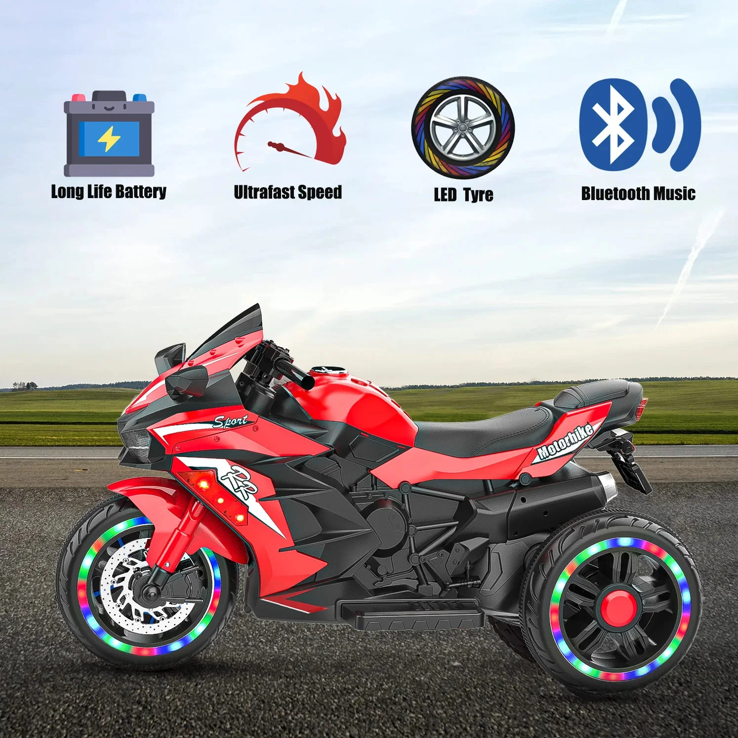 12V Red Kids Electric Ride-On Motorcycle with 3 Wheels and LED Lights - Image 4