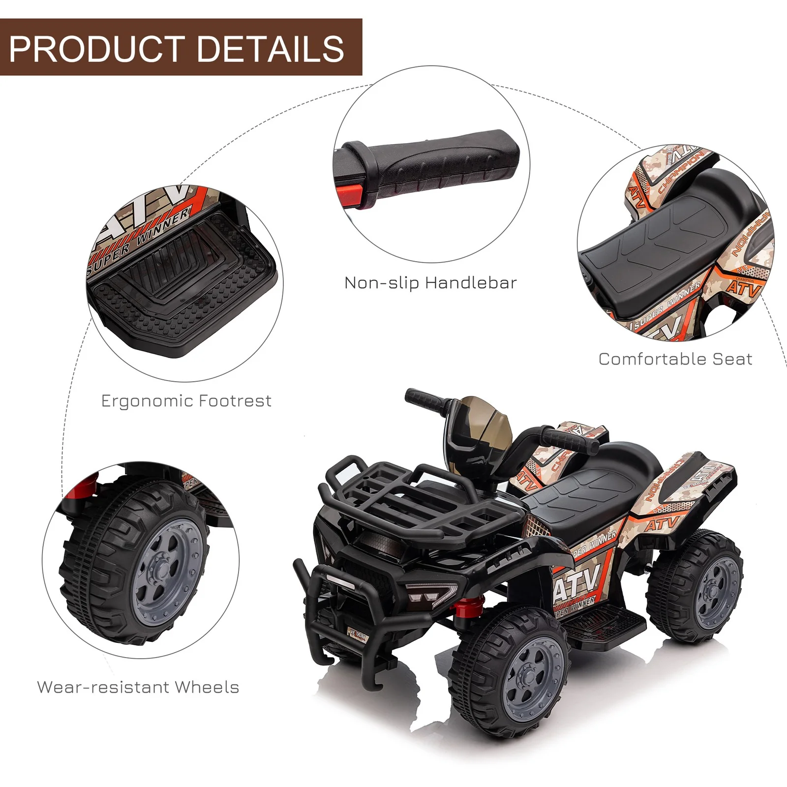 6V Battery-Powered Kids Ride-On Black Quad ATV Toy with Music - Image 6