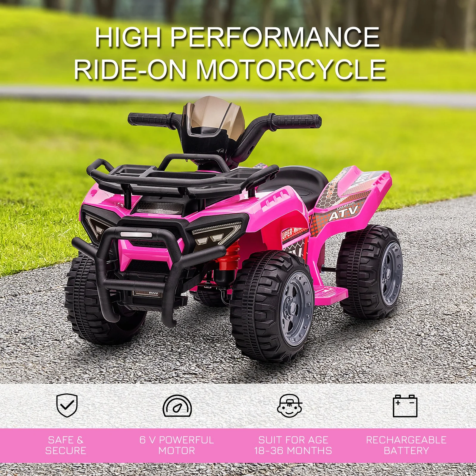 6V Battery-Powered Kids Ride-On Pink ATV Quad Four-Wheeler Toy with Music - Image 5