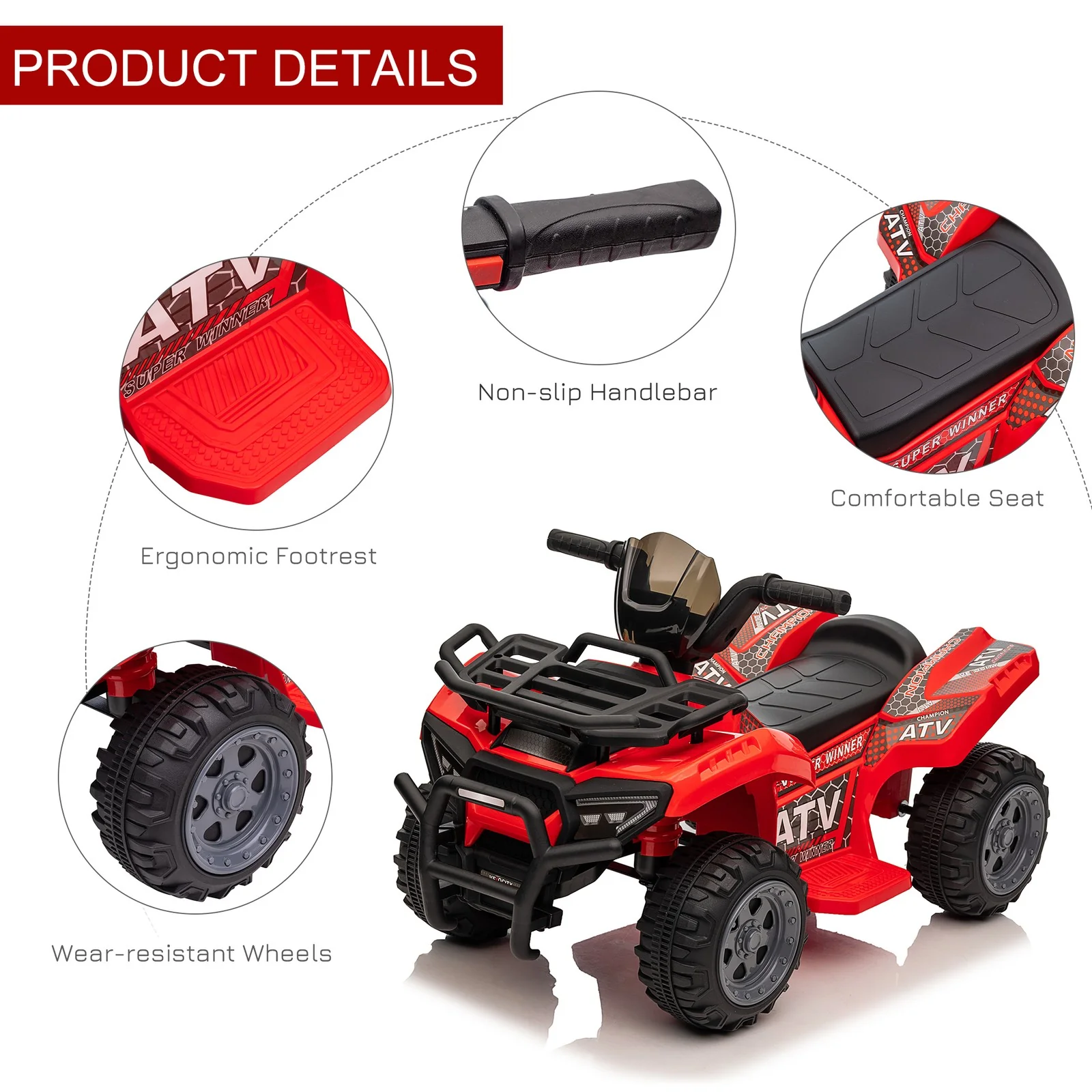 6V Battery-Powered Kids Ride-On Red Quad ATV with Music Toy - Image 6