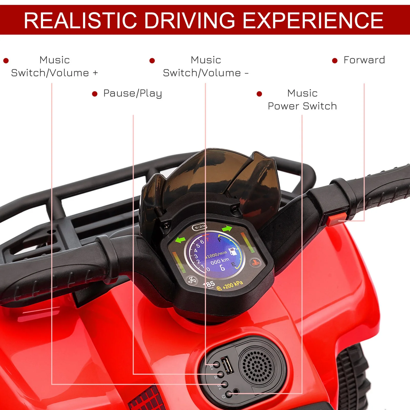6V Battery-Powered Kids Ride-On Red Quad ATV with Music Toy - Image 7