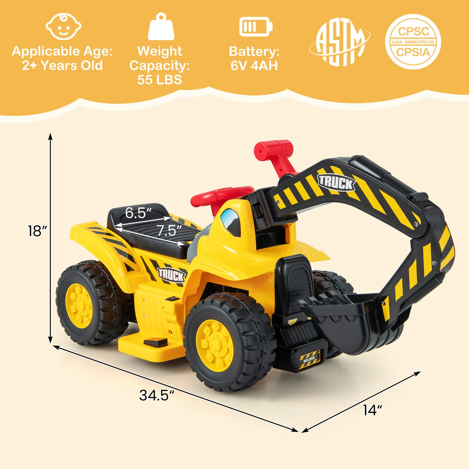 6V Kids Electric Excavator Tractor Ride-On with Storage Compartment and Basketball Hoop - Image 2