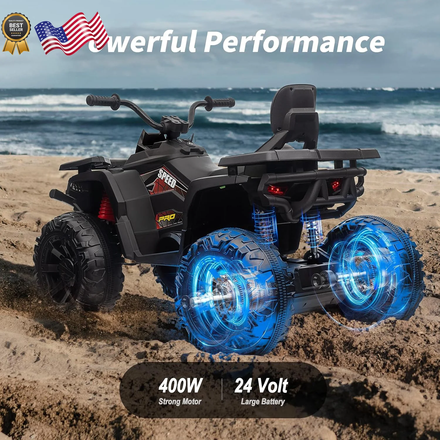 24V Kids 4-Wheeler ATV Ride-On Toy Car with 400W Motor for Older Kids Black - Image 5