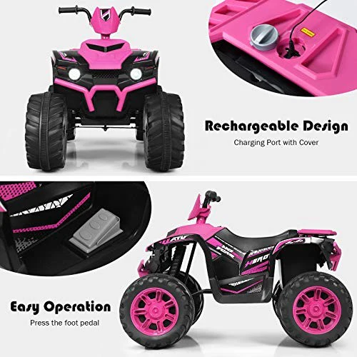 Pink 12V Battery-Powered Kids ATV with LED Lights and Adjustable Speed - Image 3