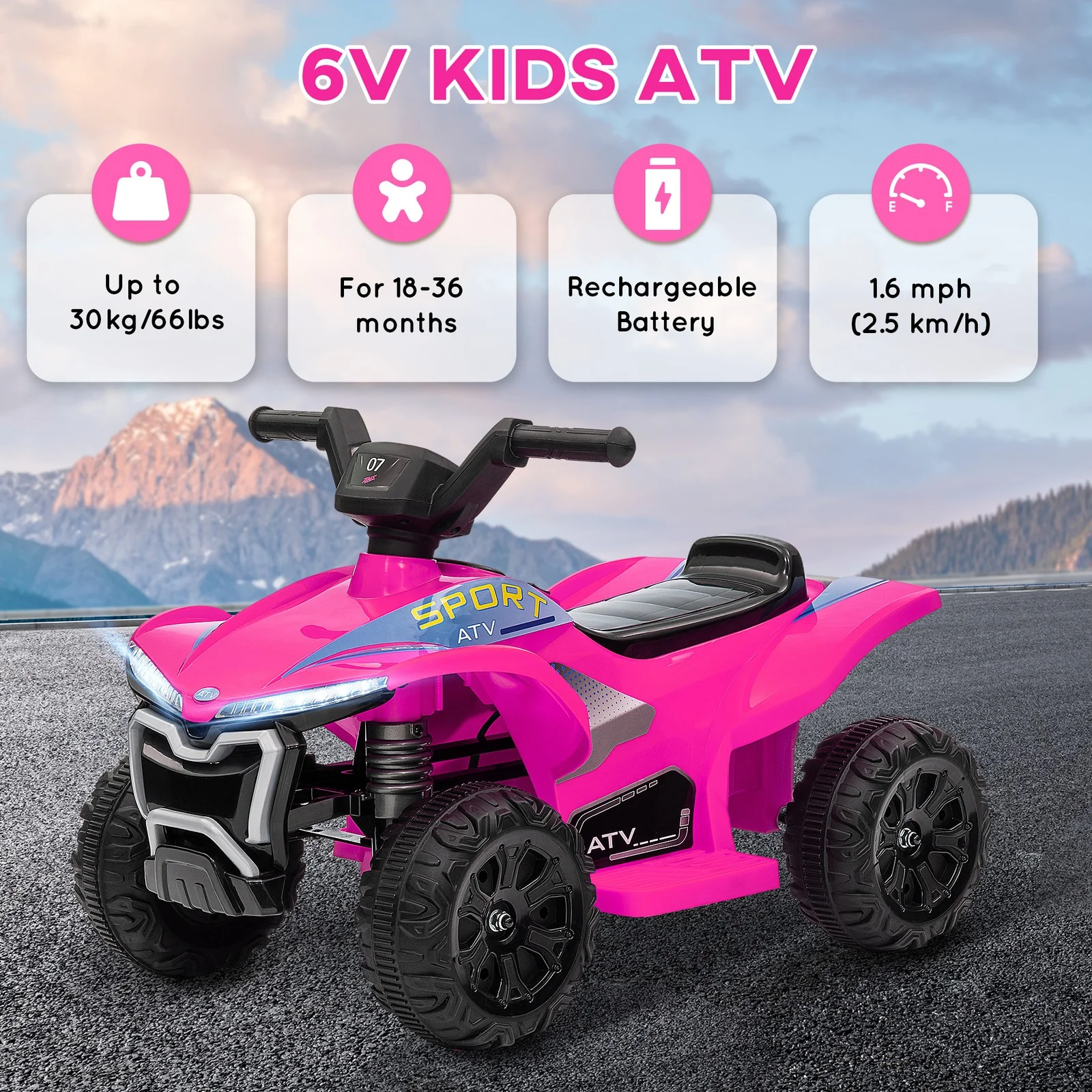 Kids 6V Pink Ride-On ATV Quad Toy with Rechargeable Battery - Image 8