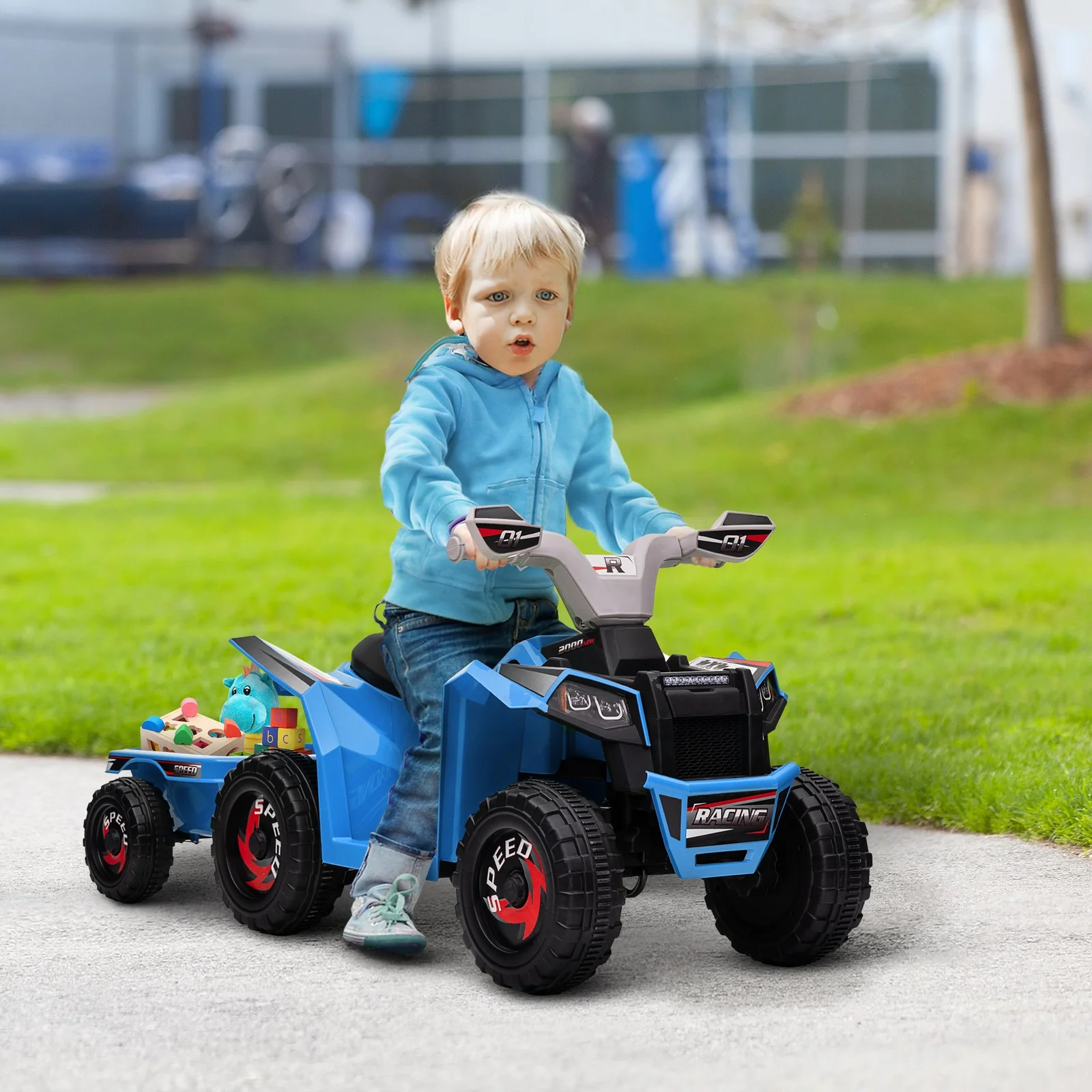 Kids Blue ATV Quad Car with Rear Trailer