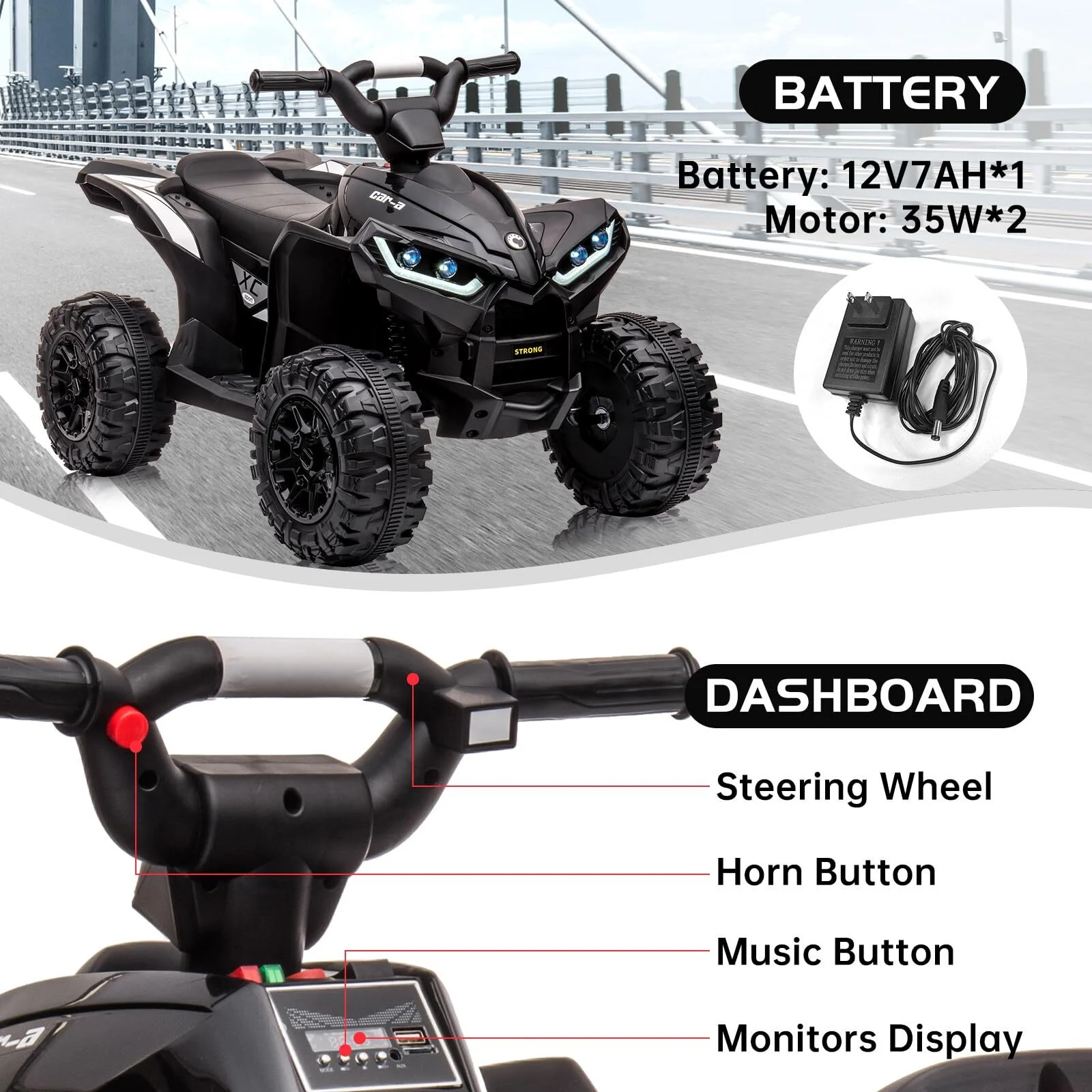 12V Battery-Powered Kids 4-Wheeler ATV Ride-On Toy with LED Lights - Image 3