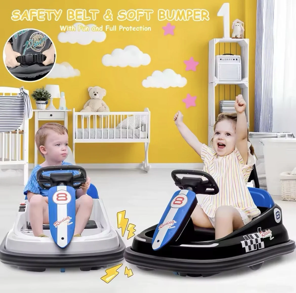 360° Spinning Ride-On Bumper Car for Kids, Blue and Black - Image 4