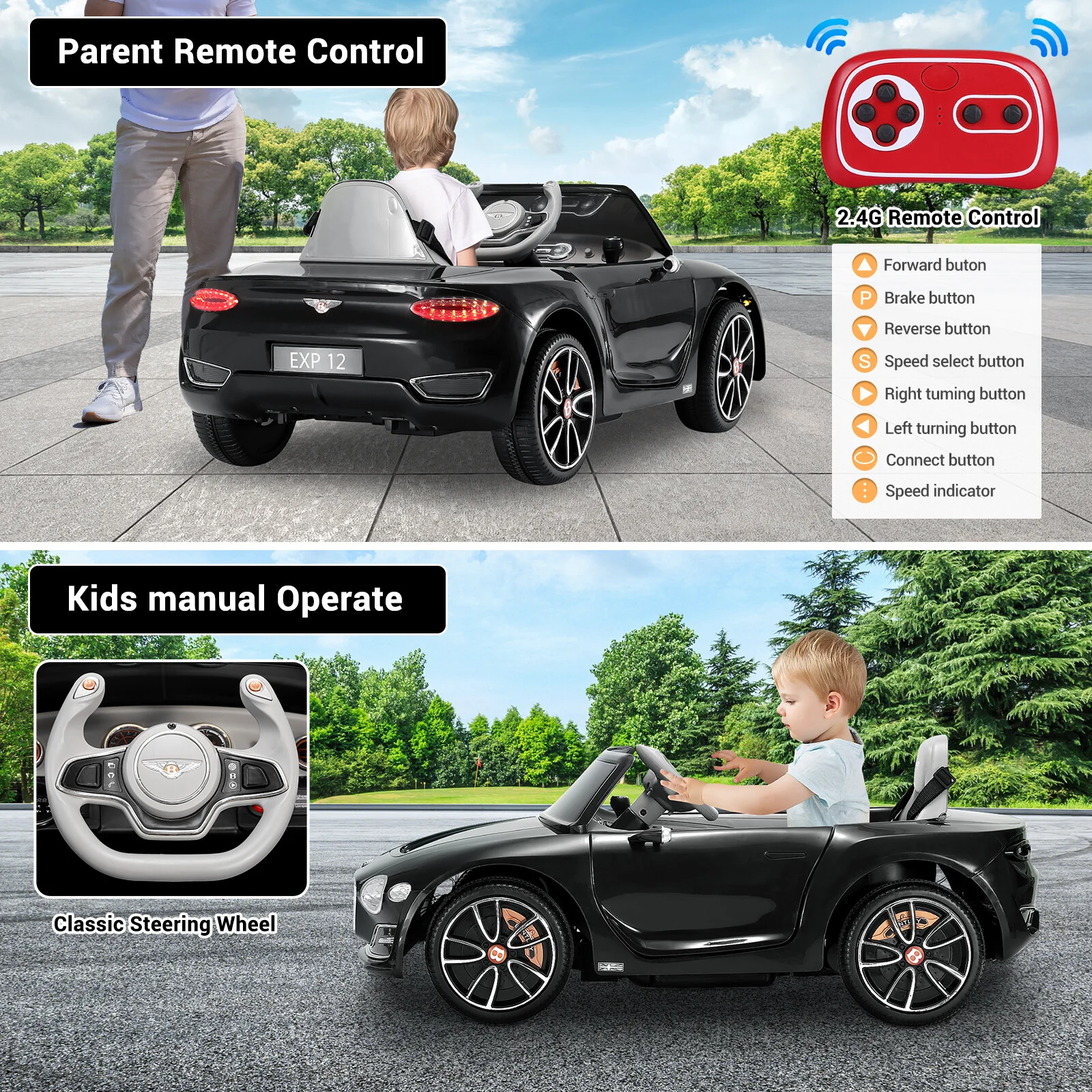 12V Electric Kids Ride-On Car with Remote Control and Music, Bentley Style - Image 9