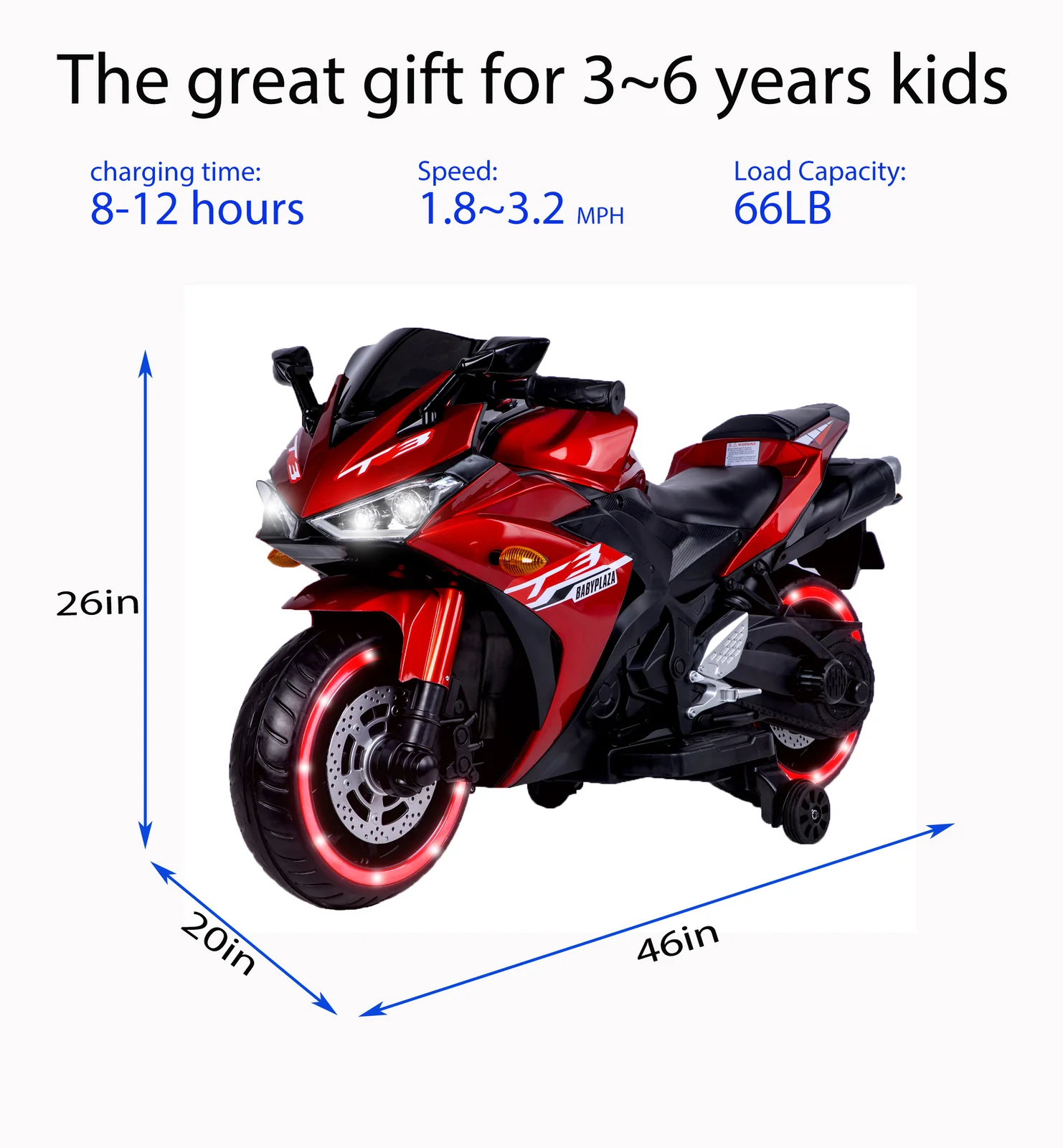 Kids Ride-On Motorcycle Toy with Training Wheels and Manual Throttle - Image 2