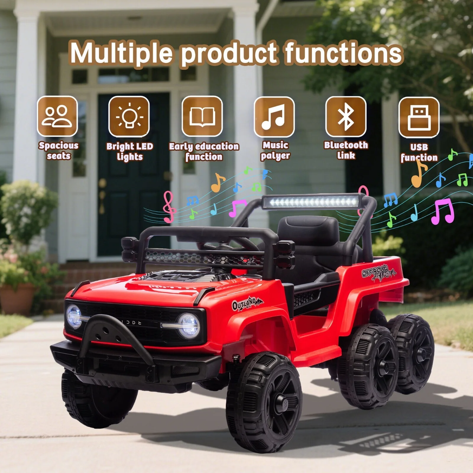 Electric Kids Ride-On Jeep Truck with 6 Wheels, Remote Control, Bluetooth, and LED Lights - Red