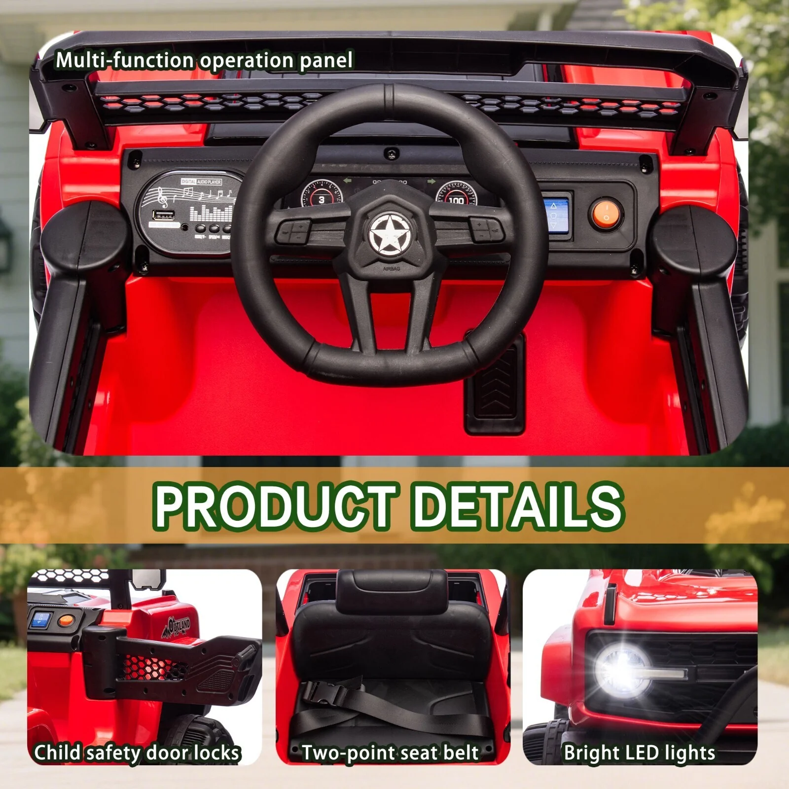 Electric Kids Ride-On Jeep Truck with 6 Wheels, Remote Control, Bluetooth, and LED Lights - Red - Image 7