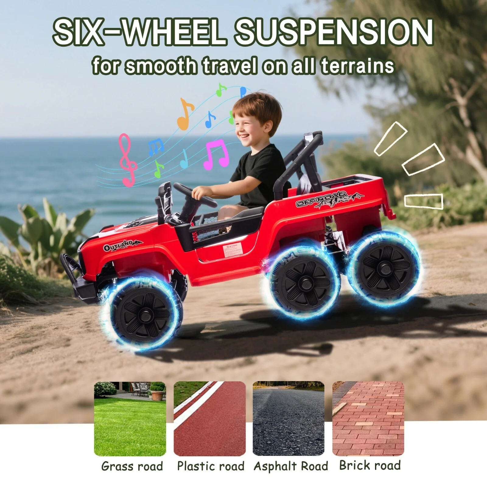 Electric Kids Ride-On Jeep Truck with 6 Wheels, Remote Control, Bluetooth, and LED Lights - Red - Image 8