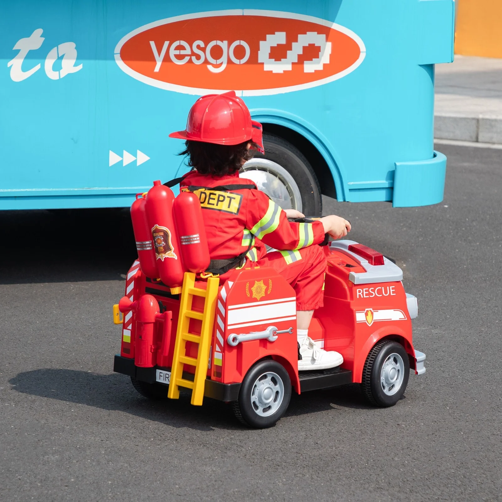Kids Electric Fire Truck with LED Lights, Horn, and One-Key Start – Red - Image 2