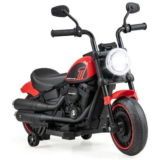 Kids Electric Motorcycle with Training Wheels and LED Headlights in Red - Image 6