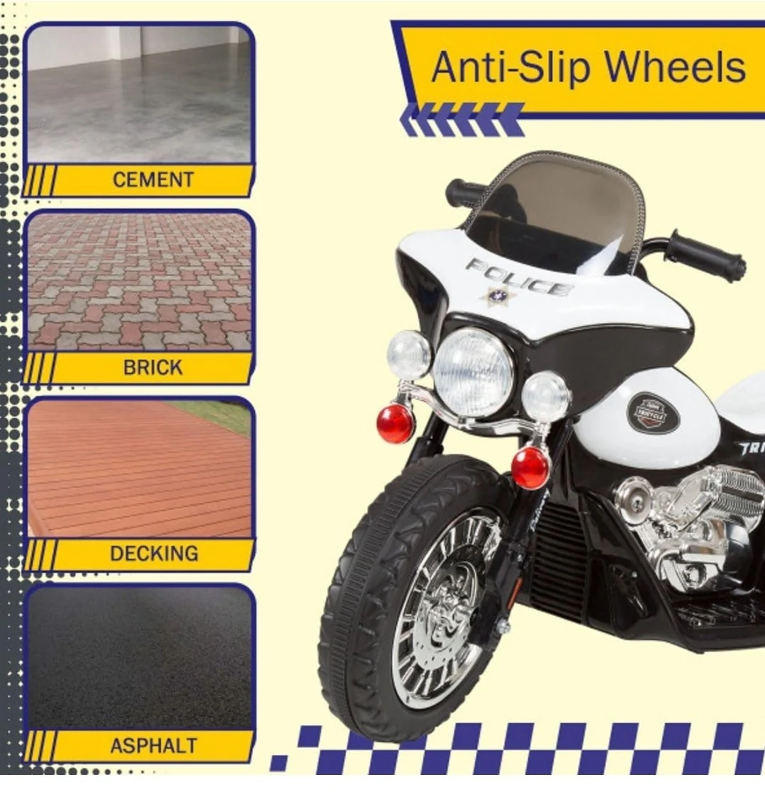 Children's Black 3-Wheel Electric Police Motorcycle with Headlights and Decals - Image 5