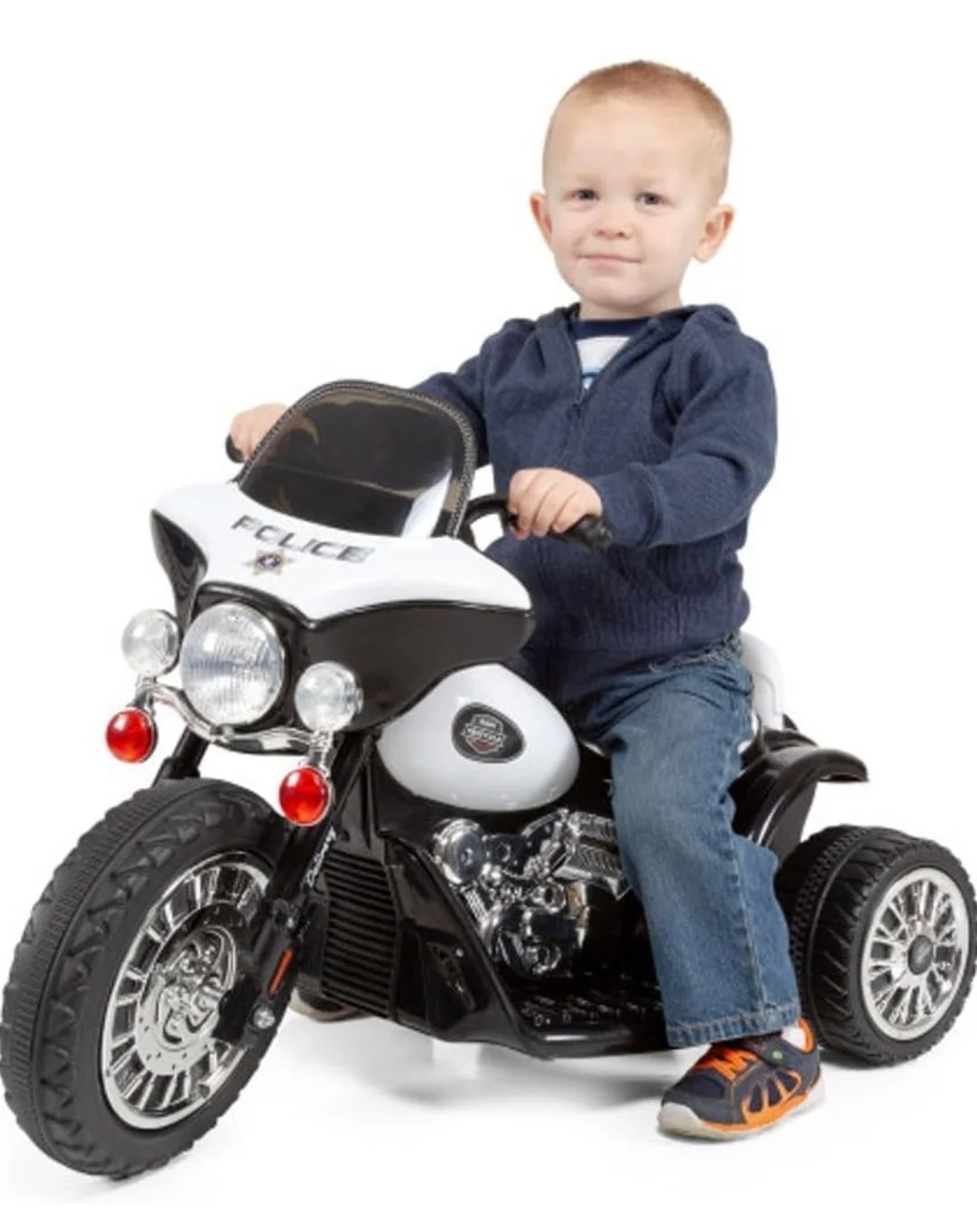 Children's Black 3-Wheel Electric Police Motorcycle with Headlights and Decals - Image 7