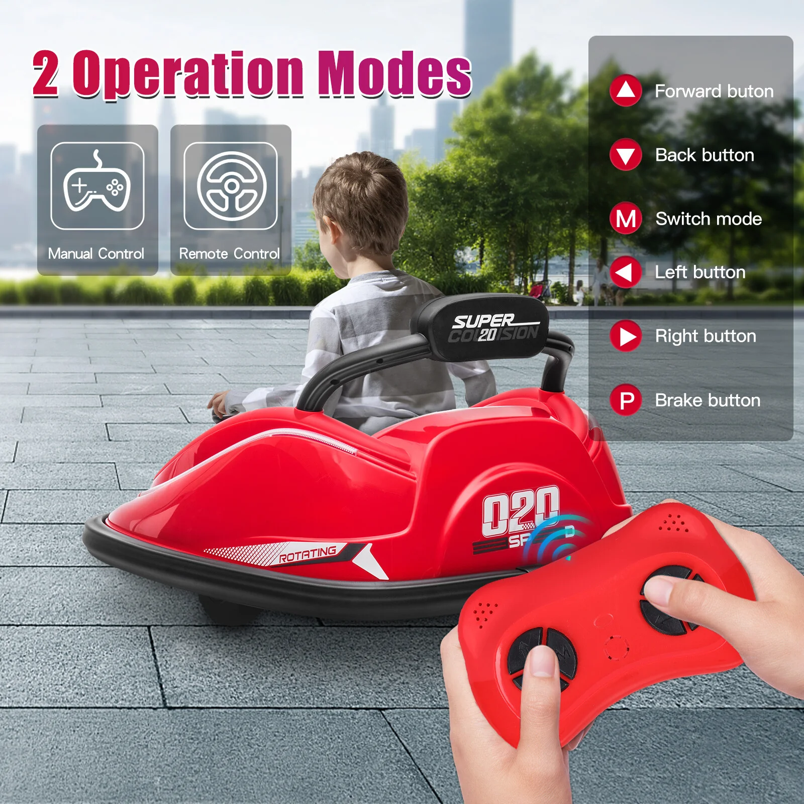 Electric Kids Ride-On Bumper Car with Remote Control and 360° Rotation - Red - Image 3