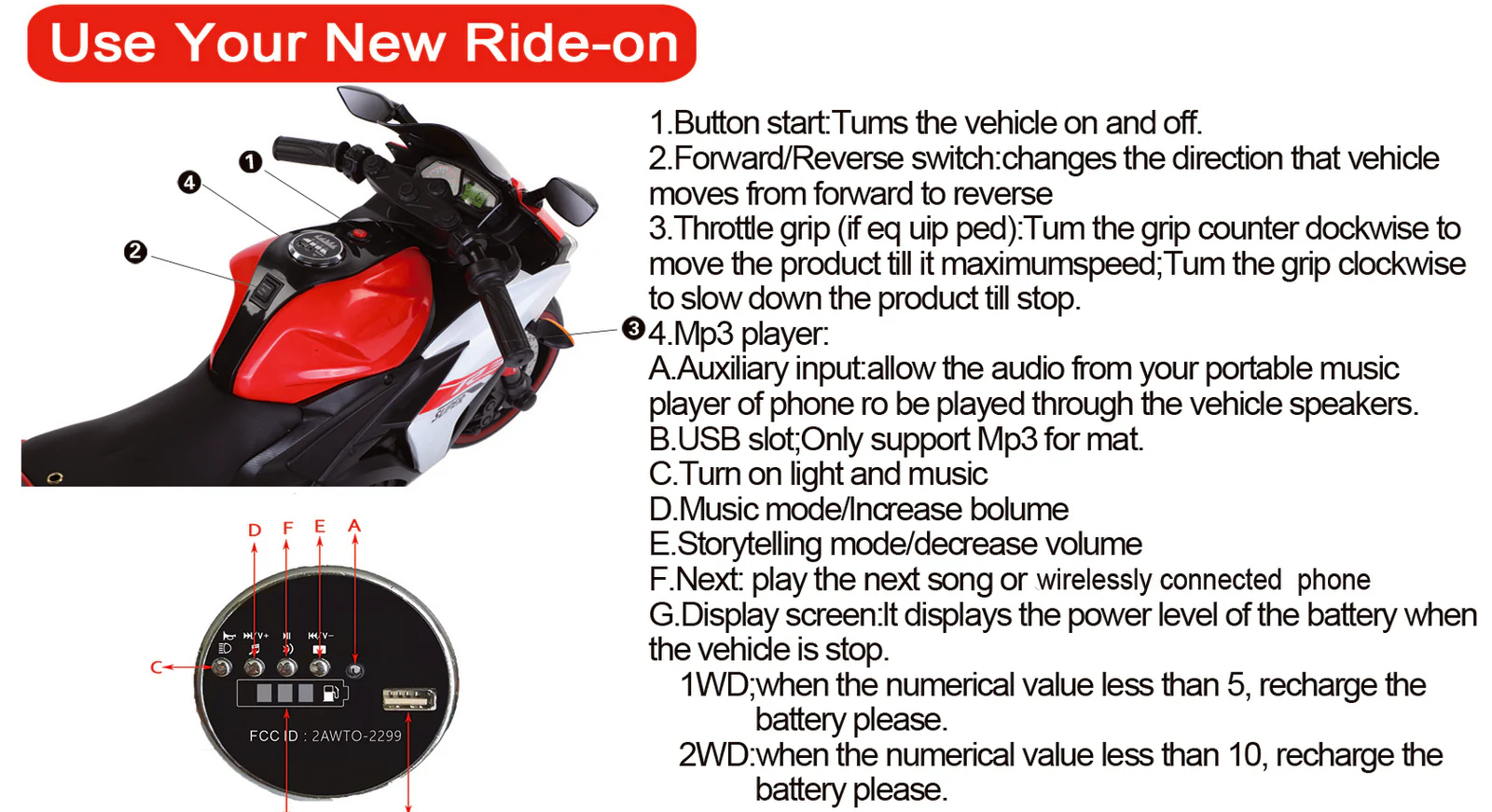 Kids Electric Ride-On Motorcycle with Training Wheels, LED Lighting & Manual Throttle - Image 9
