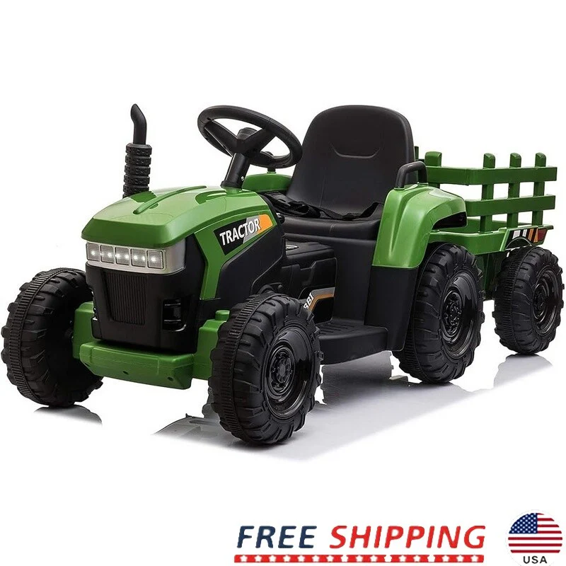 12V Battery-Powered Kids Electric Ride-On Tractor with Trailer and LED Lights