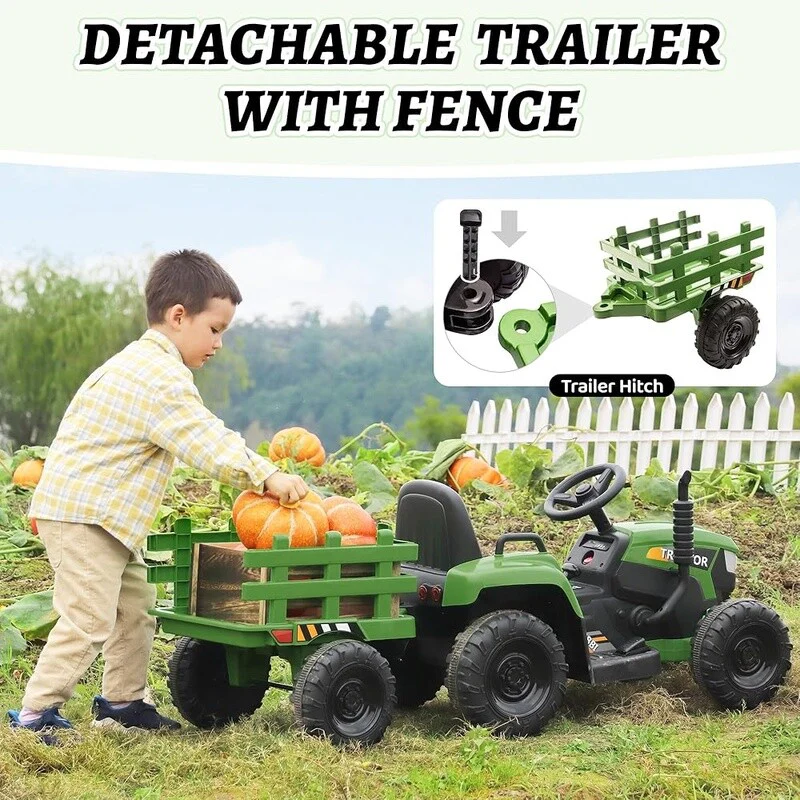 12V Battery-Powered Kids Electric Ride-On Tractor with Trailer and LED Lights - Image 4
