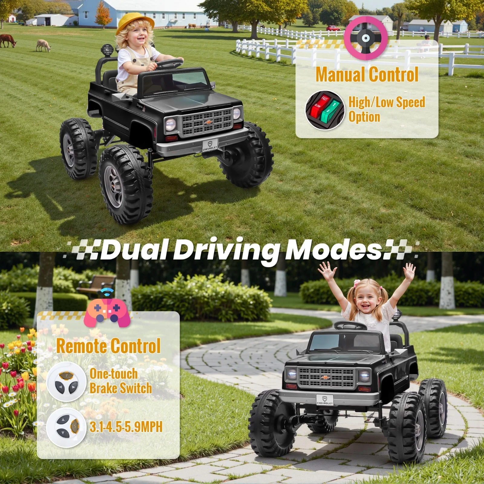 Chevrolet Cheyenne 24V Kids Electric Ride-On Truck with Remote Control and Bluetooth - Black - Image 4