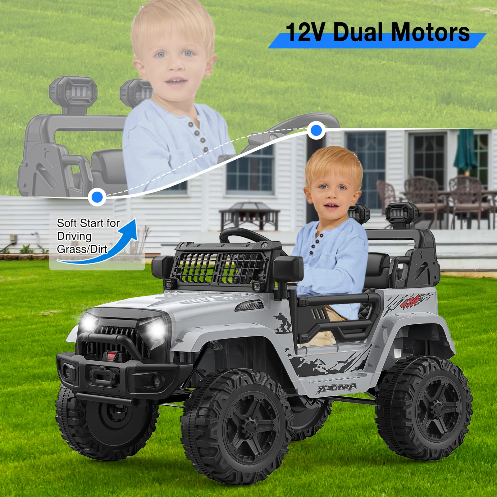 12V Electric Kids Ride-On Truck Toy with Remote Control Grey Battery-Powered Car - Image 5