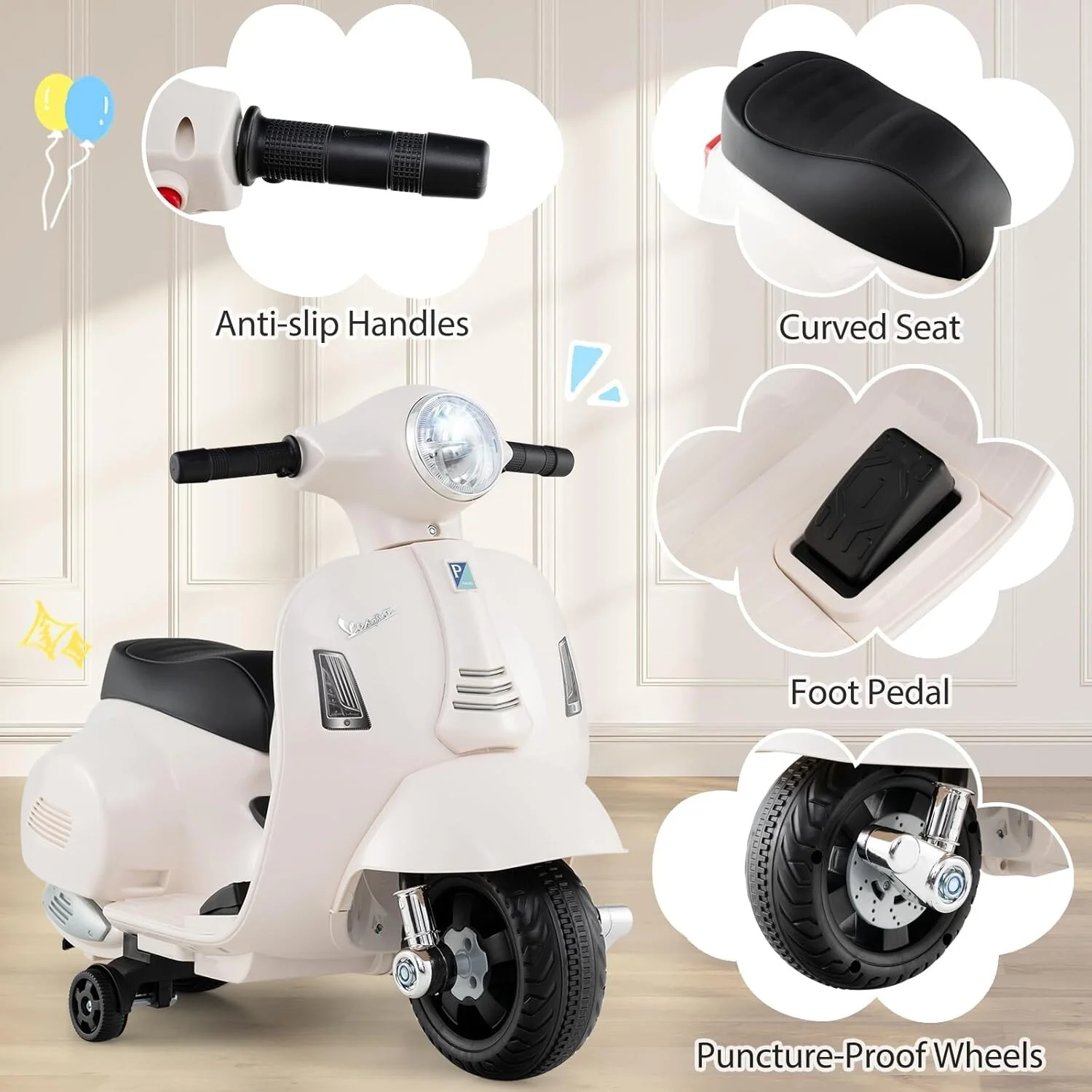 Kids' Electric Vespa Motorcycle with Training Wheels and Realistic Design - Image 6