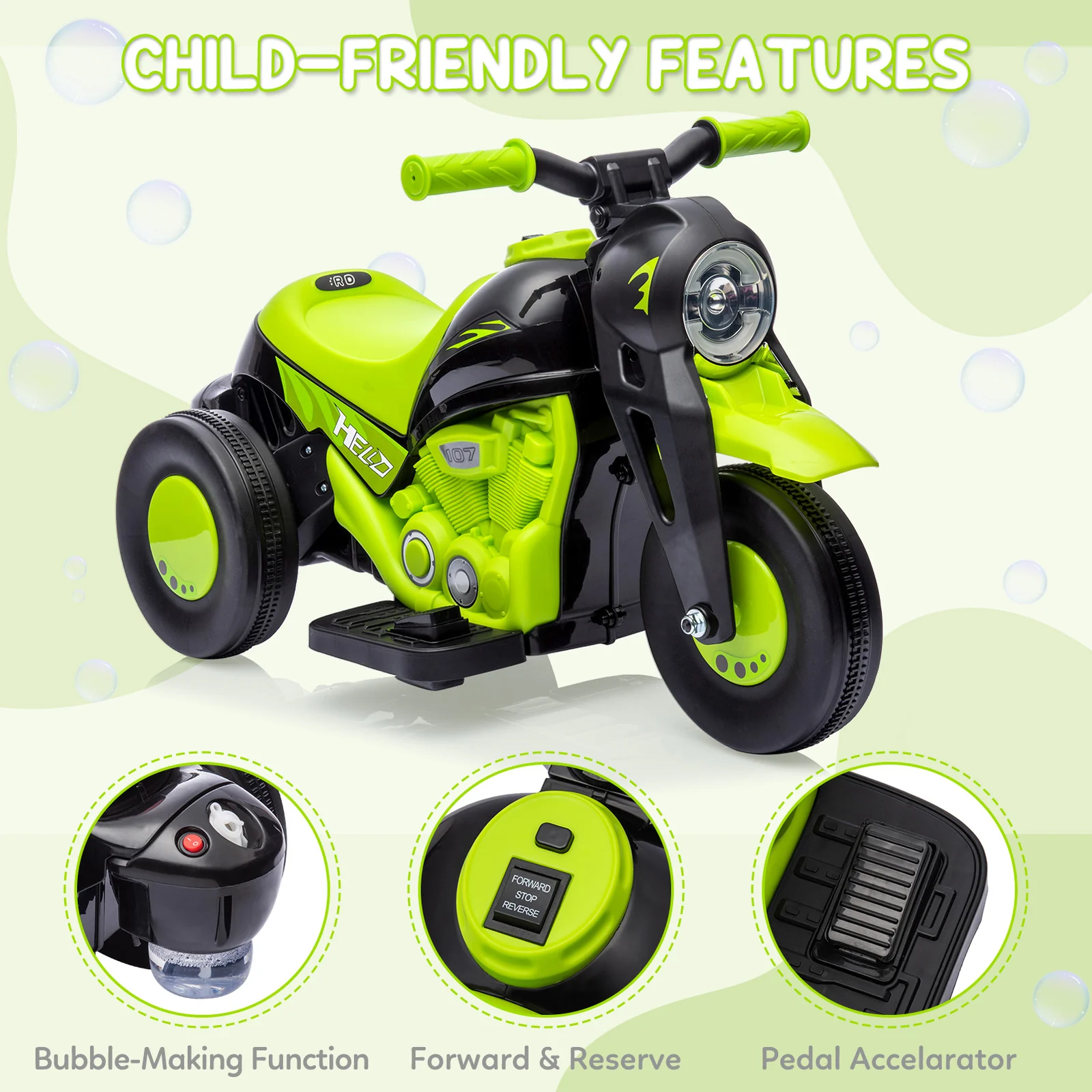 Kids Electric Ride-On Motorcycle Car with Bubble Feature and LED Headlights - Image 7