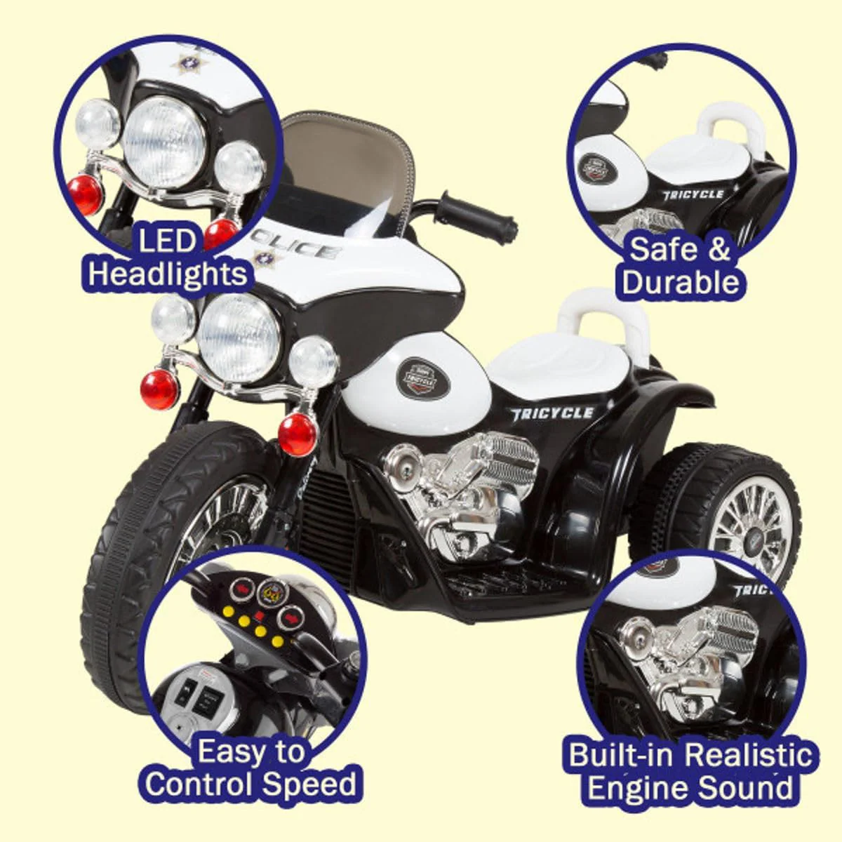 Police-Themed 3-Wheel Ride-On Motorcycle for Kids with Headlight and Reverse功能 - Image 2