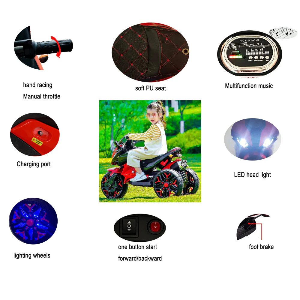 Kids 3-Wheel Battery-Powered Motorcycle with PU Seat and Training Wheels - Image 8