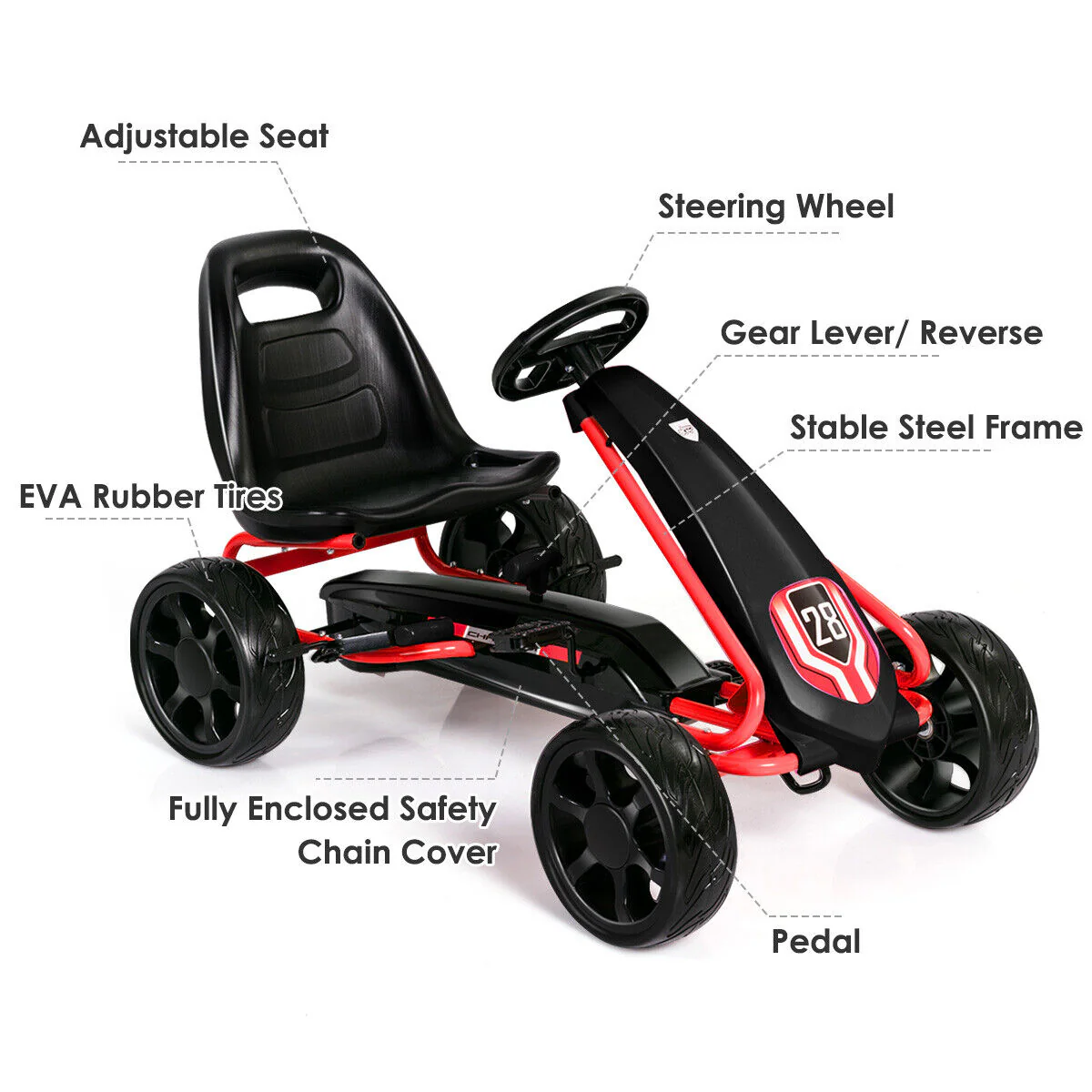 Kids' Pedal Car Go Kart - Adjustable Seat, 4 Wheels, Black - Image 8