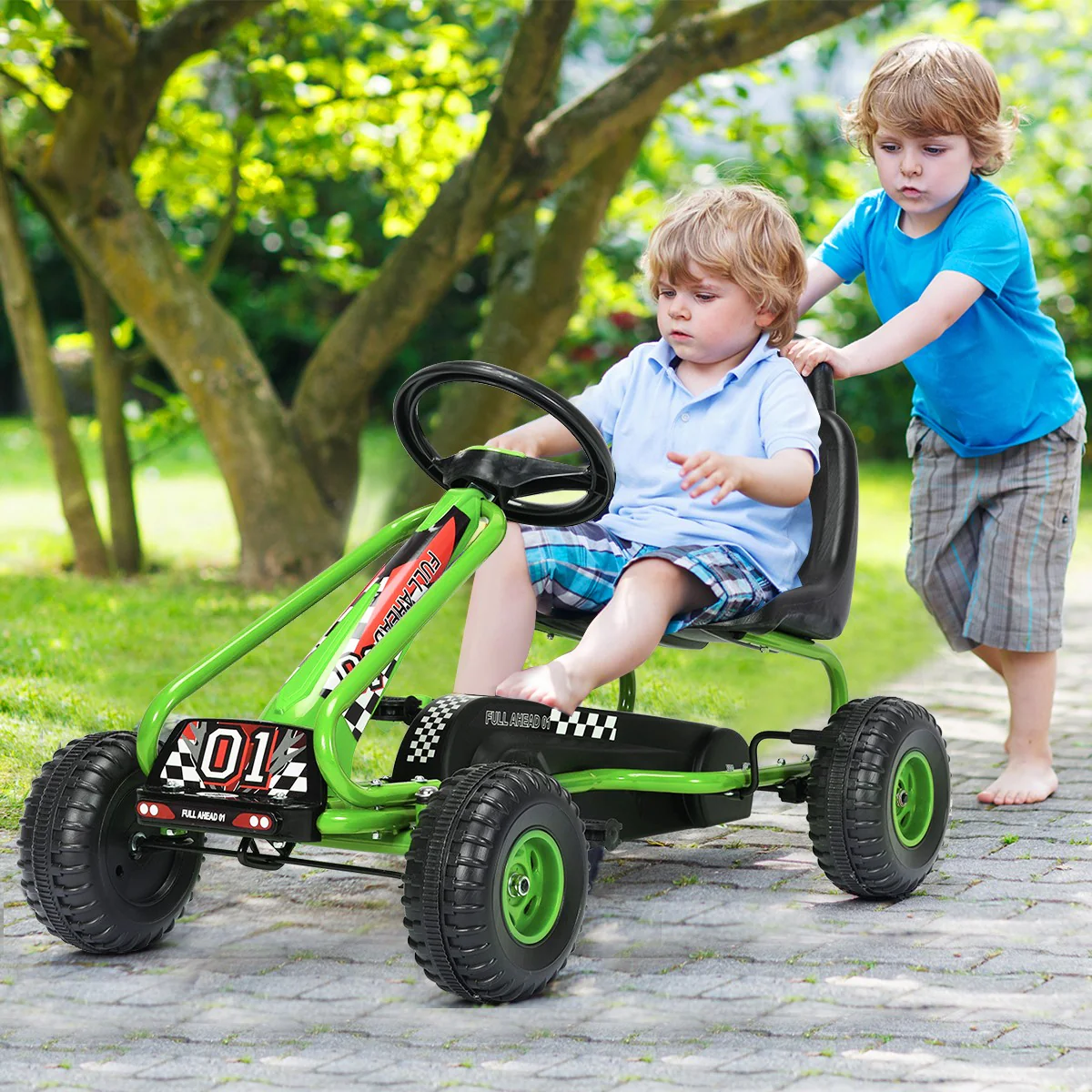 Kids Pedal Go-Kart with 4 Wheels, Adjustable Seat, and Handbrake - Green - Image 3