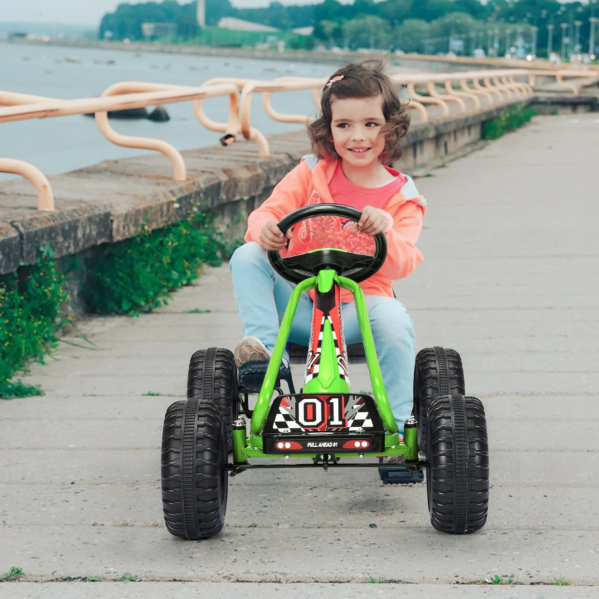 Kids Pedal Go-Kart with 4 Wheels, Adjustable Seat, and Handbrake - Green - Image 4