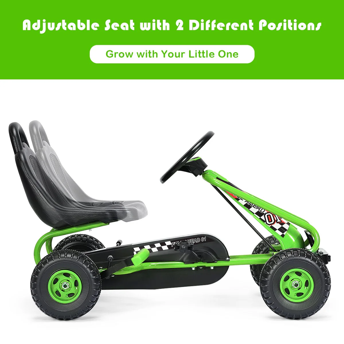 Kids Pedal Go-Kart with 4 Wheels, Adjustable Seat, and Handbrake - Green - Image 8