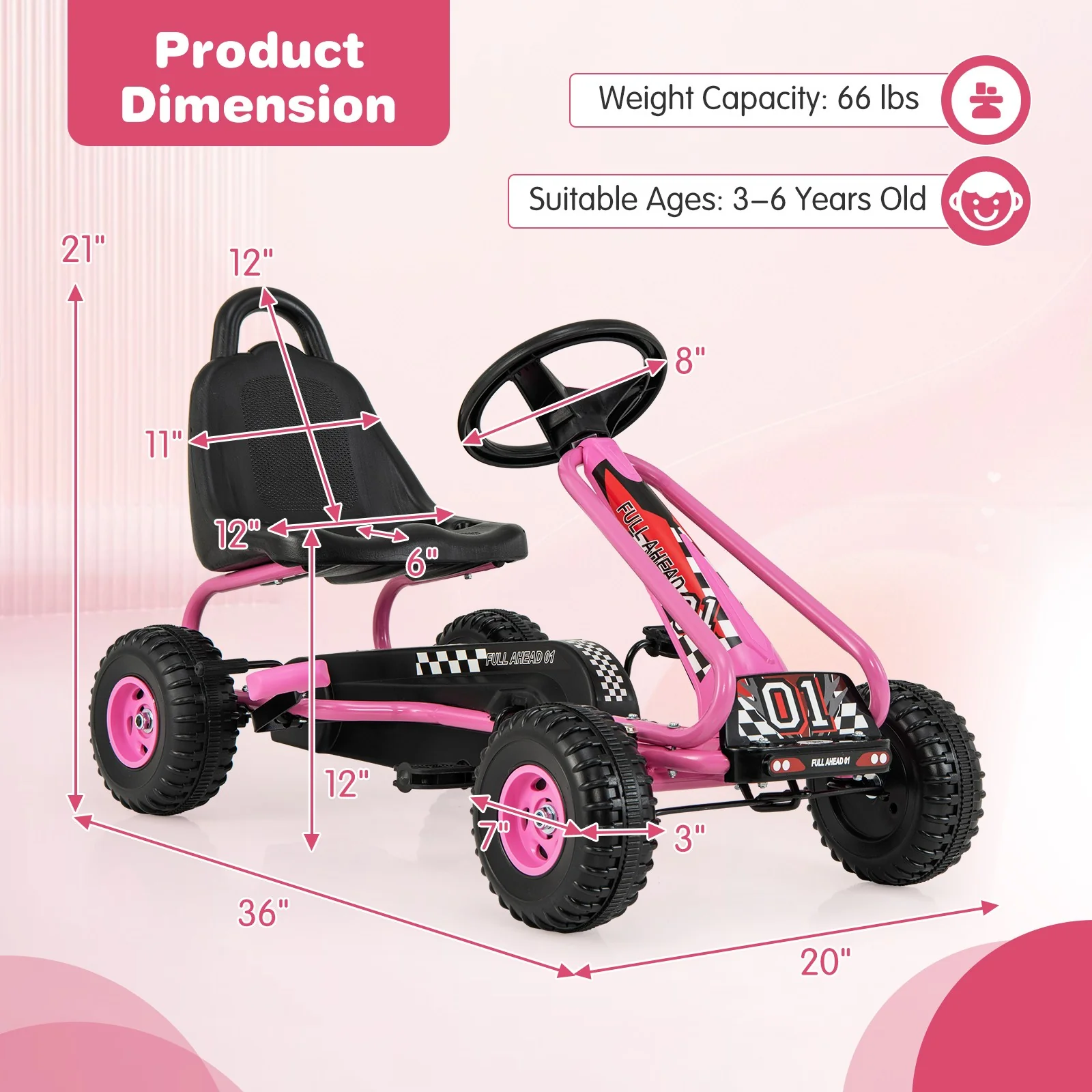 Kids Pedal Go-Kart with Adjustable Seat and Handbrake, 4-Wheel Ride-On Toy, Red - Image 2