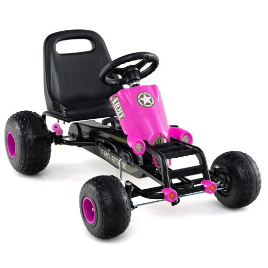 Pink Kids Pedal Go Kart with Steering Wheel, Gear Shifter, and Handbrake