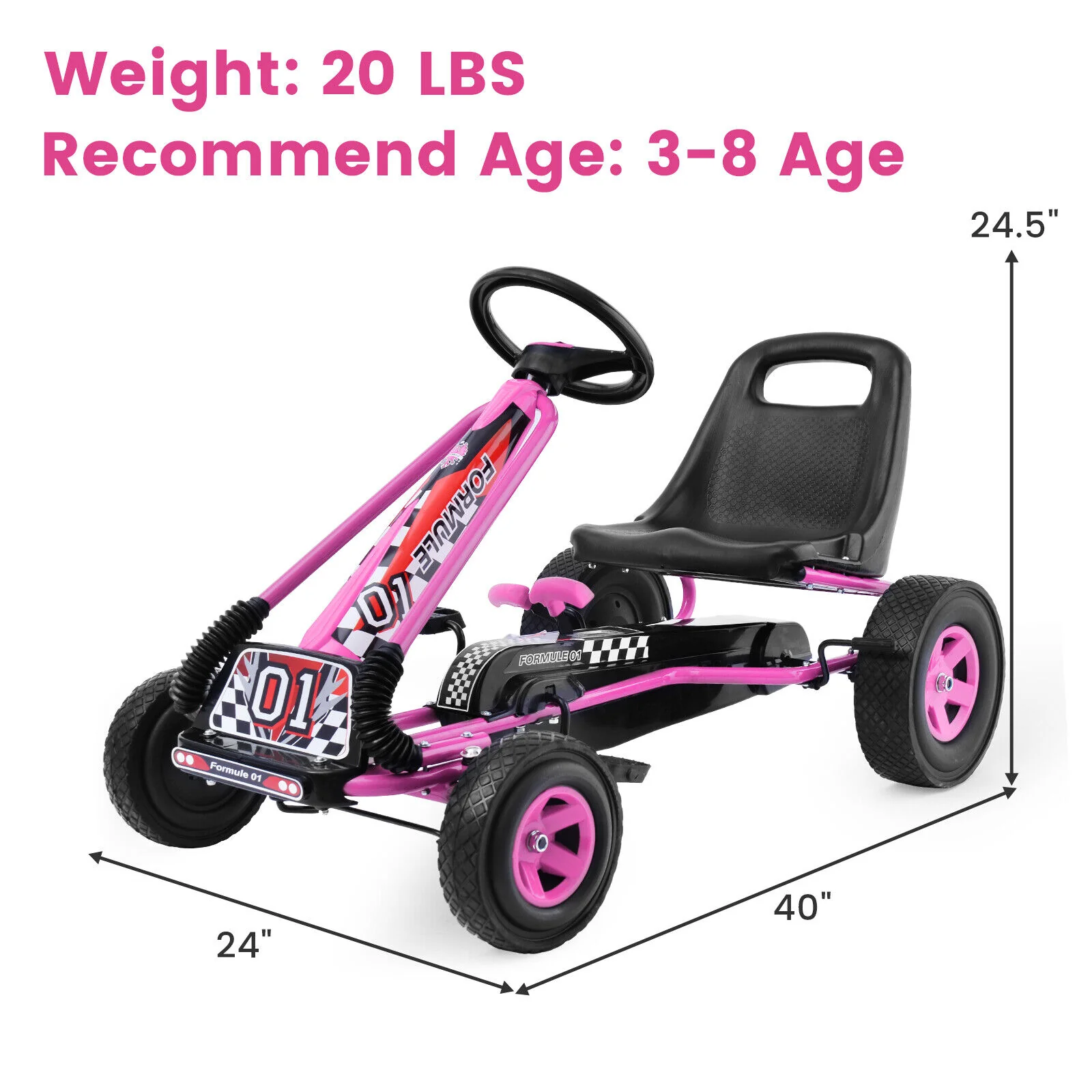 Kids' Pink Pedal-Powered Go Kart with Adjustable Seat - Honeyjoy 4-Wheel Ride-On Toy - Image 2