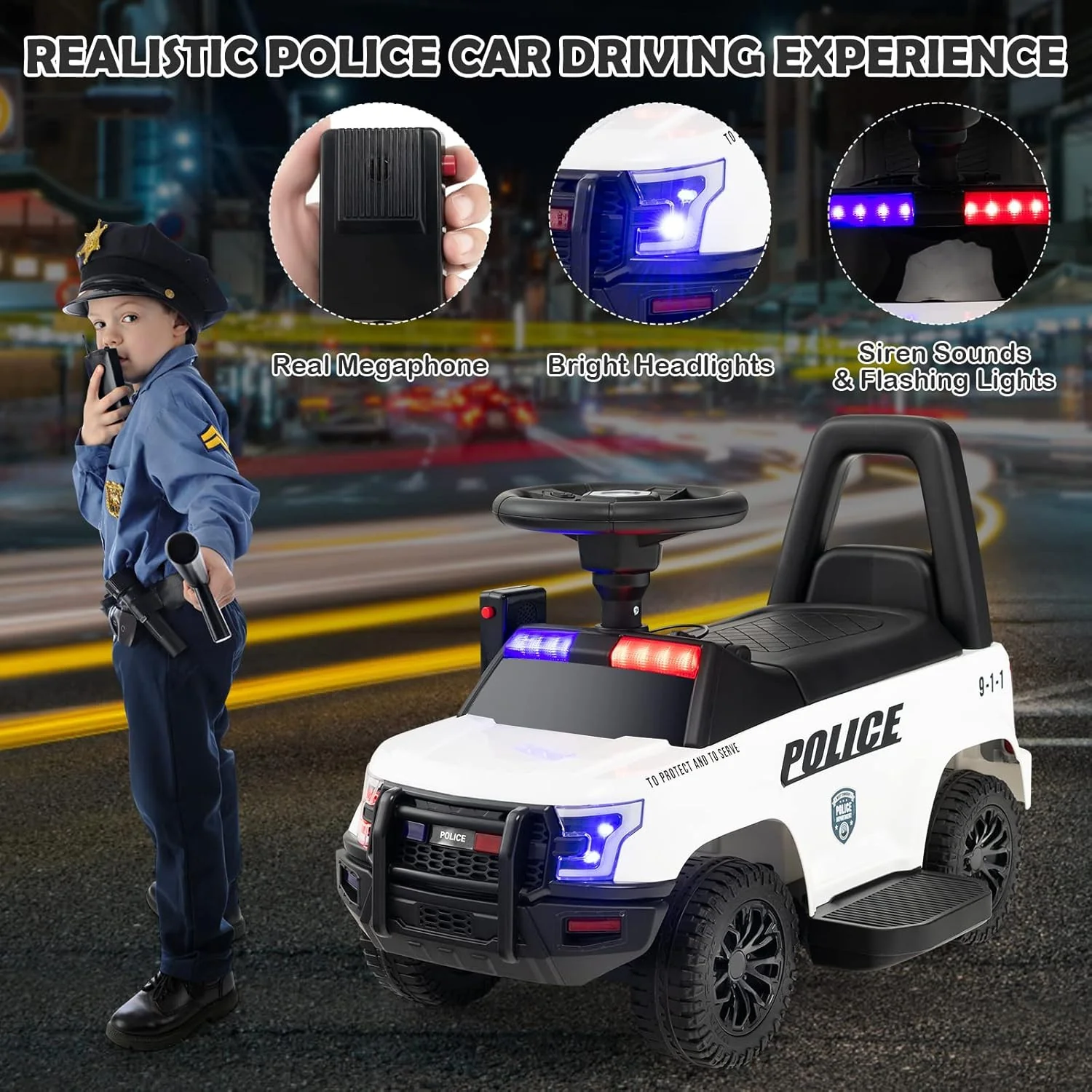 Kids Police Ride-On Car Toy with Lights, Sounds, Megaphone, and Music - Image 2