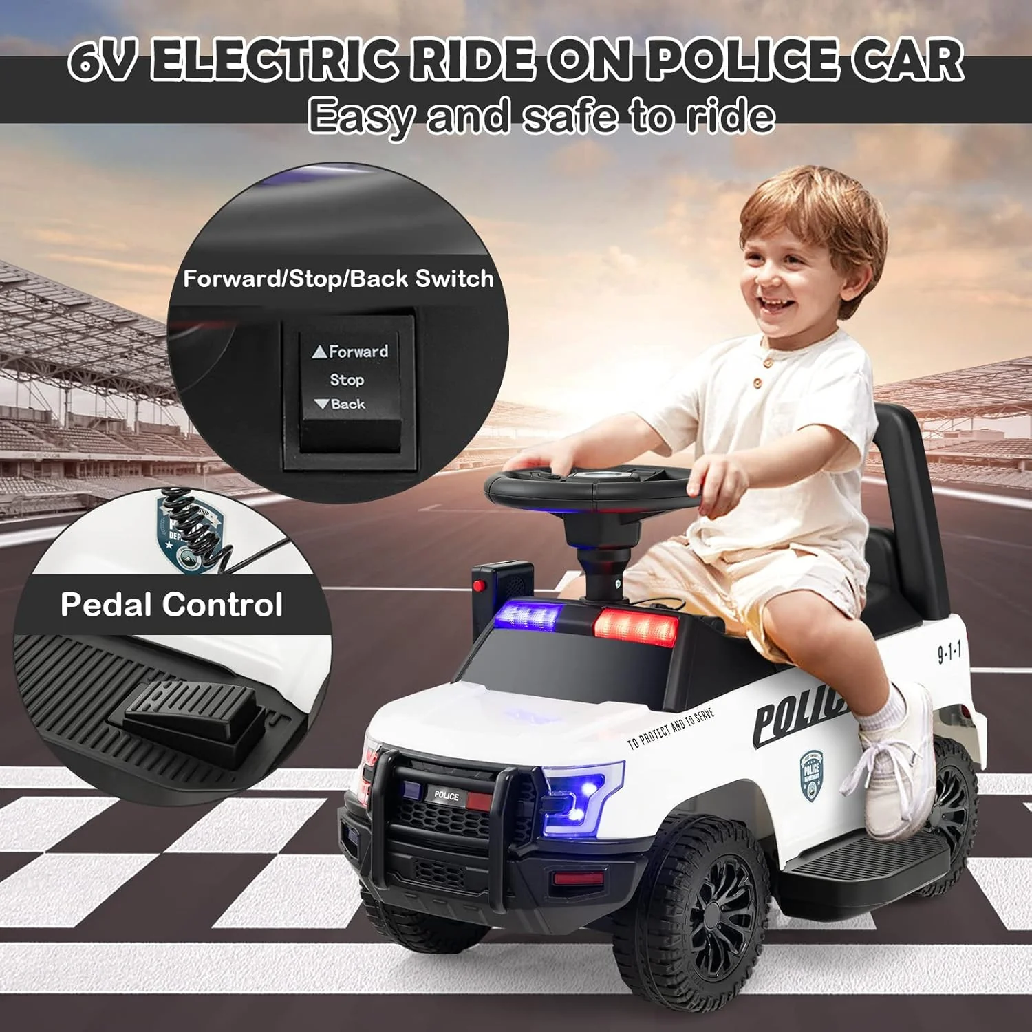 Kids Police Ride-On Car Toy with Lights, Sounds, Megaphone, and Music - Image 3