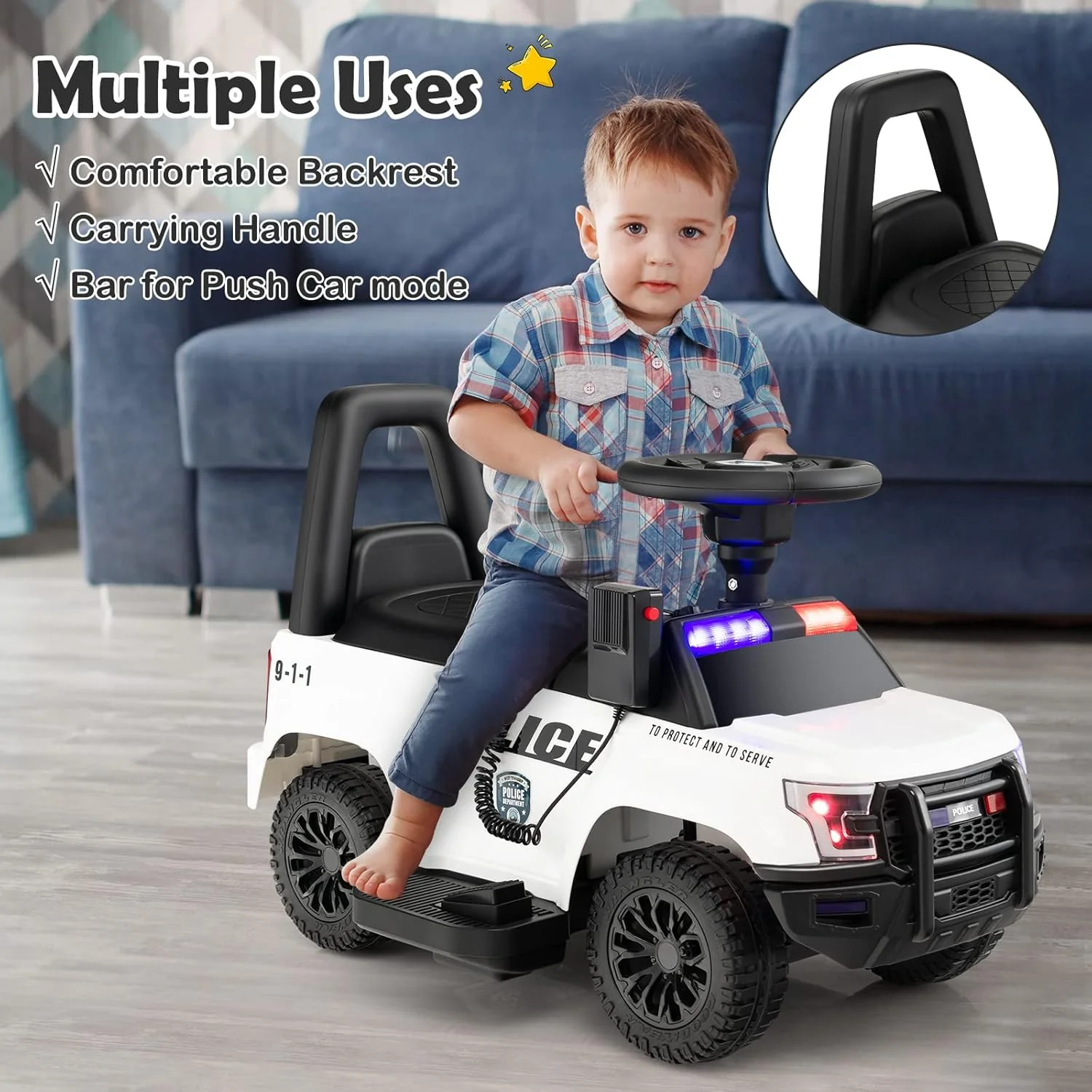 Kids Police Ride-On Car Toy with Lights, Sounds, Megaphone, and Music - Image 9