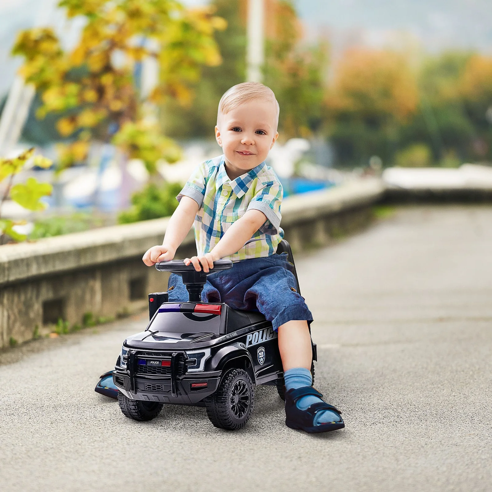 Kids Push Ride-On Police Car with Horn for Ages 18 Months to 5 Years, Black - Image 2