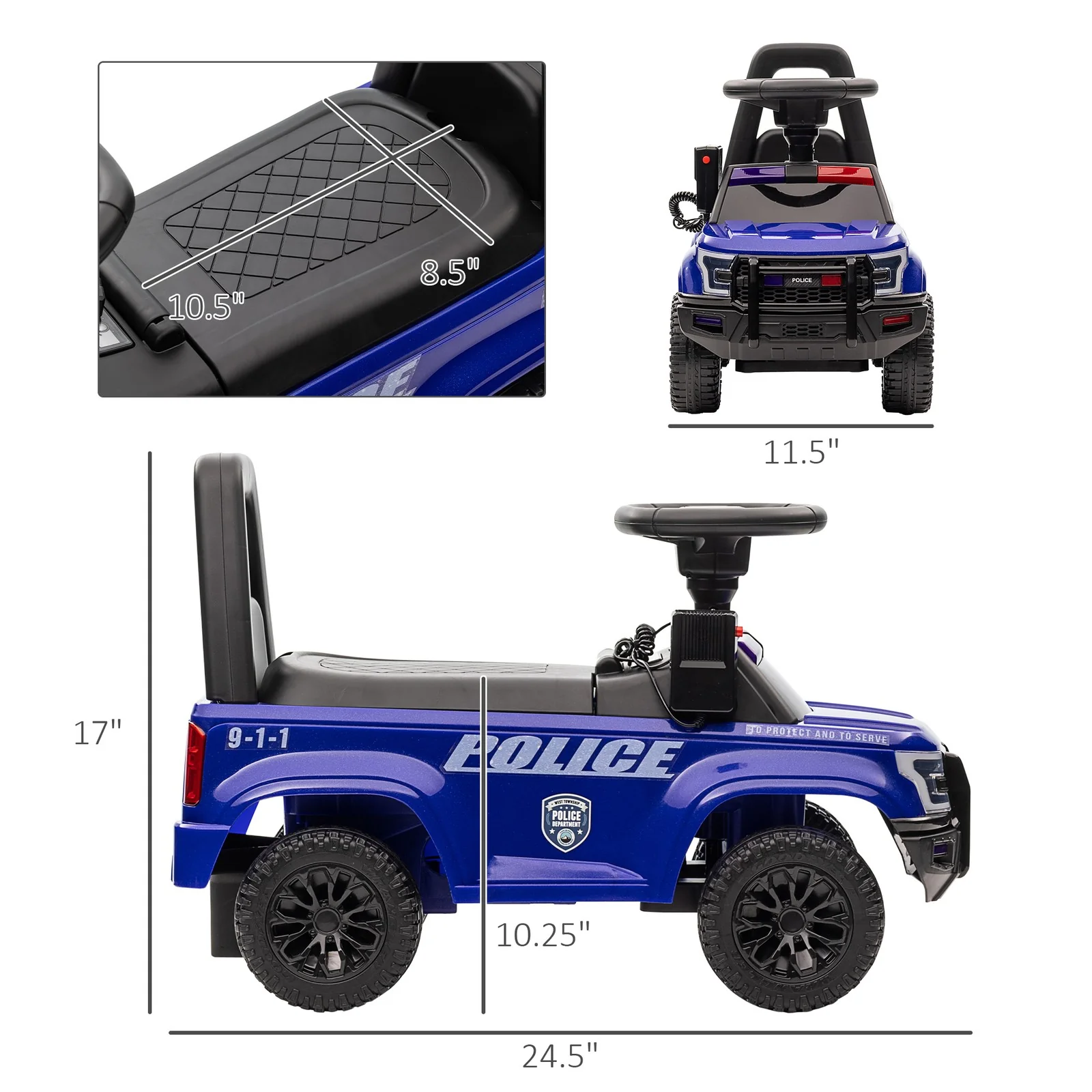 Children's Blue Push Ride-On Police Car with Horn for Ages 18 Months to 5 Years - Image 3