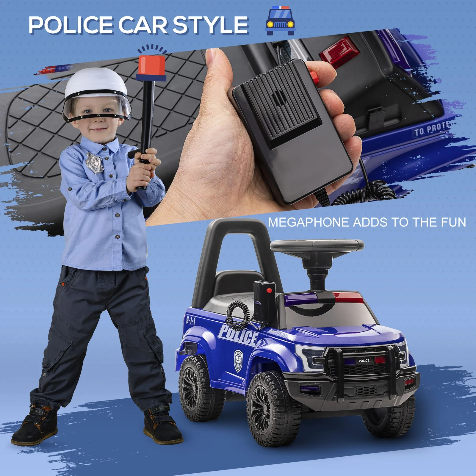 Children's Blue Push Ride-On Police Car with Horn for Ages 18 Months to 5 Years - Image 5